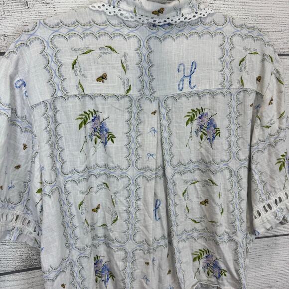 Hill House Women's White Blue Floral Crop Short Sleeve Button Up Top Size Large - Picture 8 of 8